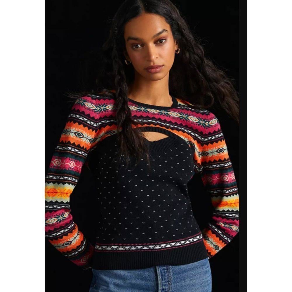 Maeve Anthropologie Knit Crop Long Sleeve Sweater Black size XS